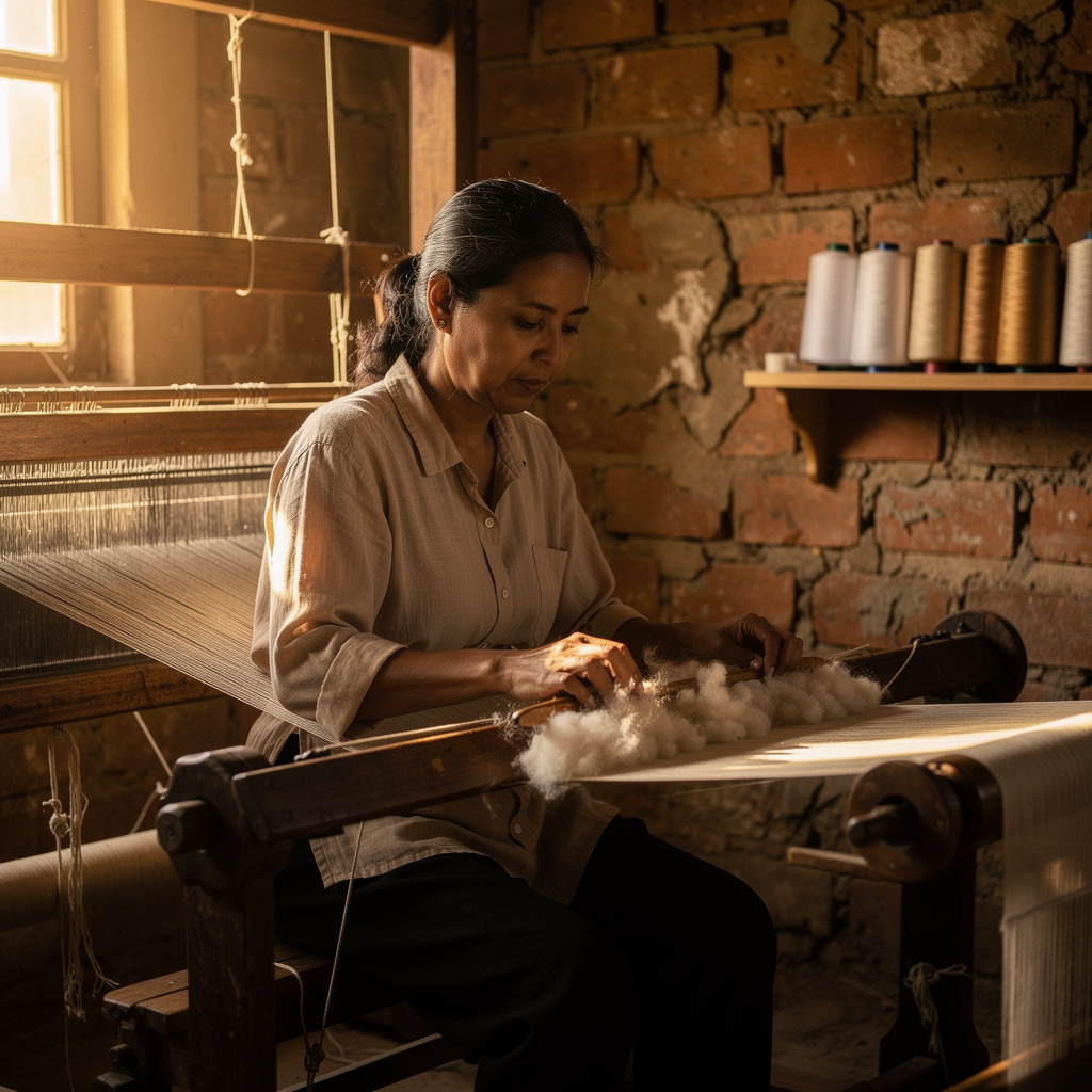 Artisan hands working with high-quality organic cotton fabric