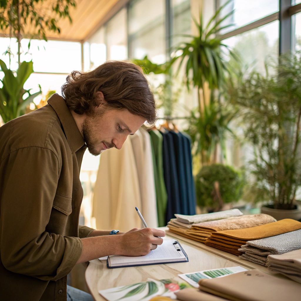 Modern fashion sketches laid out on a sustainable fabric swatch